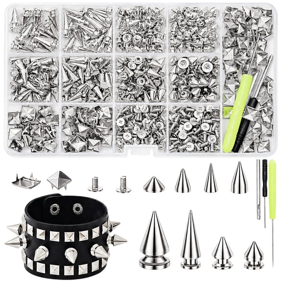 603PCS Metal Studs and Spikes Kit, 8 Sizes Cone & Pyramid Studs for Leather, Clothing, Fabric Crafts with Installation Tools