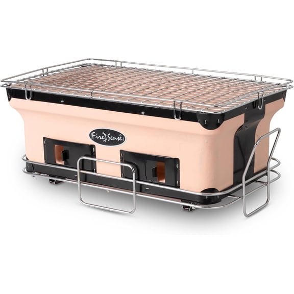 60450 Yakatori Internal Grates Charcoal Chrome Cooking Grill Japanese Table BBQ Handmade Using Clay Adjustable Ventilation For Outdoor Barbecues Camping Traveling - Large - Tan