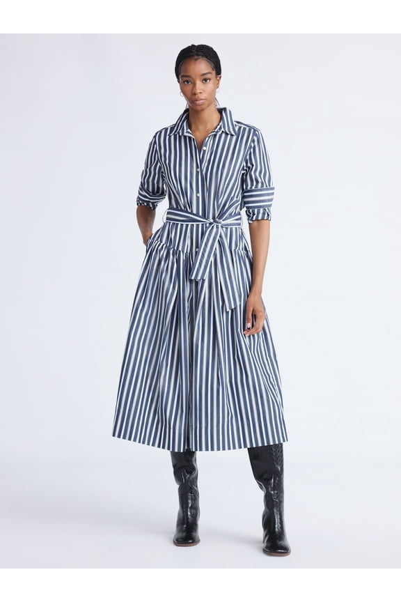 Women's and Women’s Plus Belted Cotton Maxi Shirtdress with Long Sleeves, Sizes XS-4X