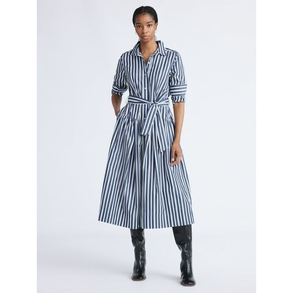 Free Assembly Women's and Women’s Plus Belted Cotton Maxi Shirtdress with Long Sleeves, Sizes XS-4X
