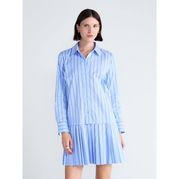 Free Assembly Women's and Women's Plus Striped Drop Waist Shirtdress with Long Sleeves, Sizes XS-4X