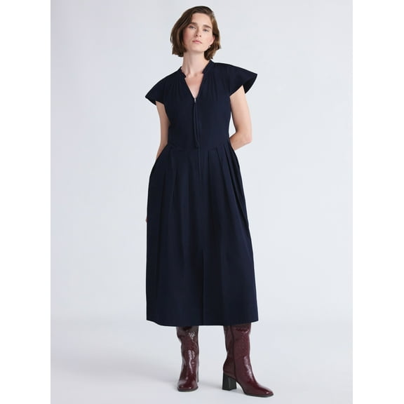 Free Assembly Women's and Women's Plus Zip Front Cotton Maxi Dress with Flutter Sleeves, Sizes XS-4X