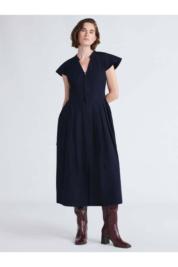 Women's and Women's Plus Zip Front Cotton Maxi Dress with Flutter Sleeves, Sizes XS-4X