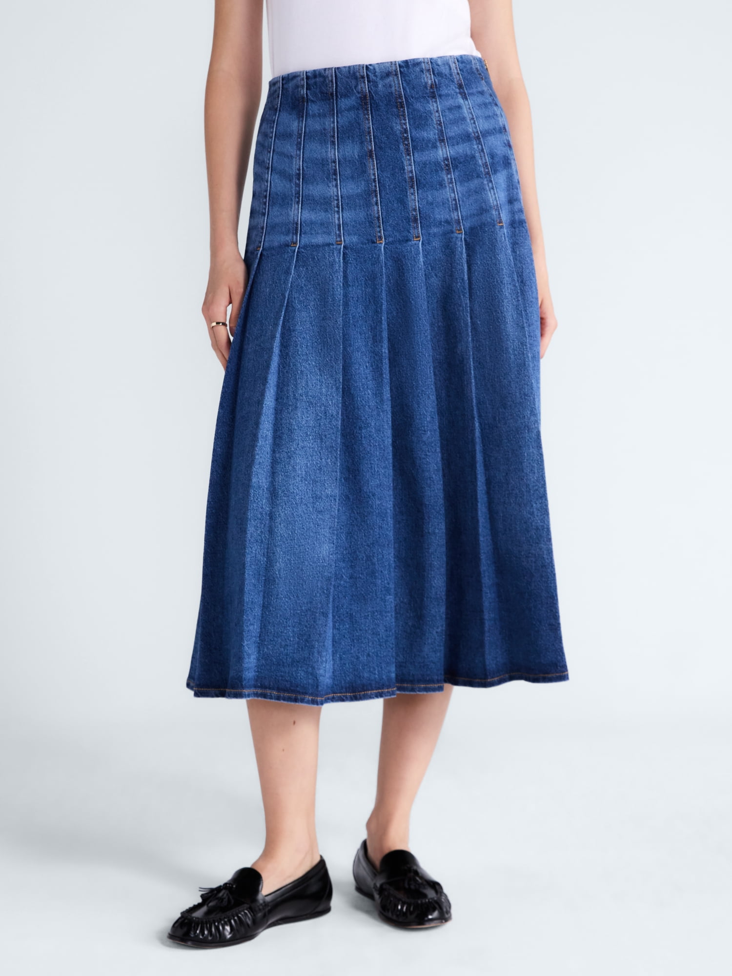 Free Assembly Women's and Women's Plus Stitched Pleat Denim Maxi Skirt, Sizes 0-28W
