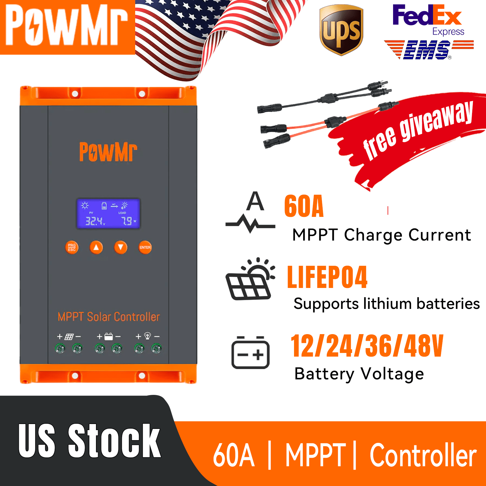 60A MPPT Solar Charge Controller 12V 24V 36V 48V Battery 160VDC Parallel