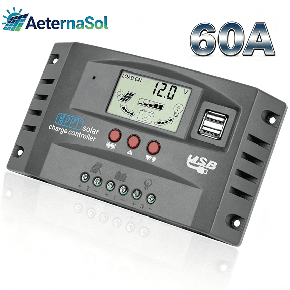 AeternaSol 60A MPPT Solar Charge Controller 12V 24V Auto with LCD Display Dual USB Timer