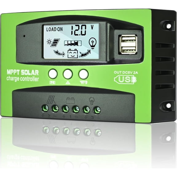 60A MPPT Solar Charge Controller, 12V/24V Auto Tracking Panel Regulator with L Display Dual USB Port Multiple Load Control Modes Timer Setting, Fit for Gel Sealed Flooded and Li Battery(Green)