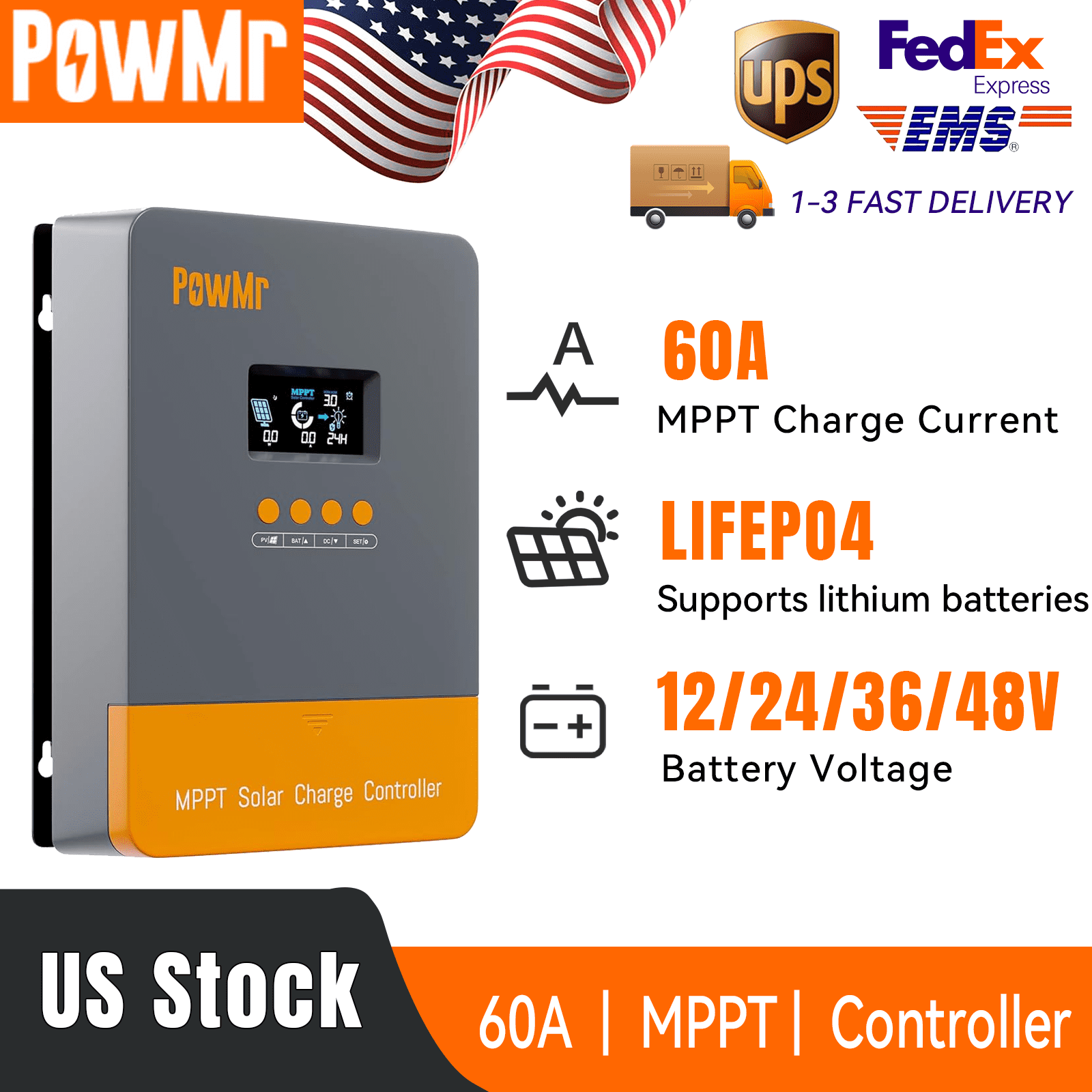 60A MPPT Solar Panel Battery Charge Controller 12V/24V/36V/48V LCD Regulator