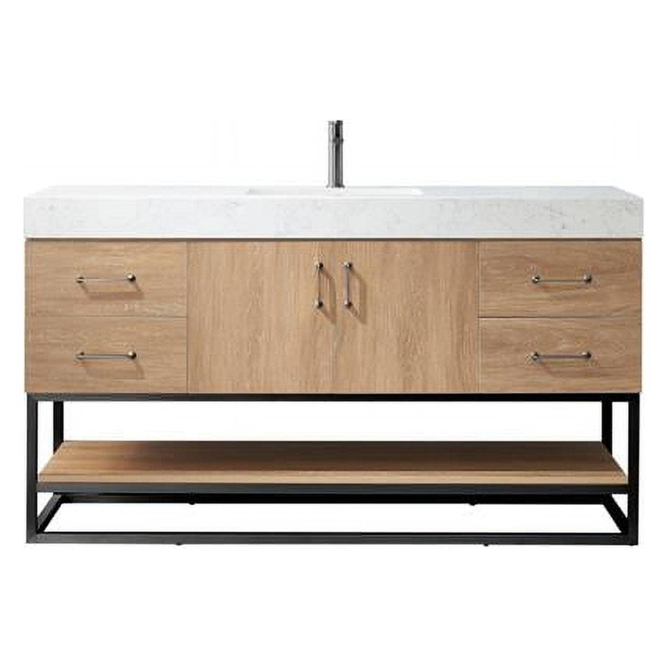 Alistair 60" Oak Vanity with White Stone Top and Black Frame