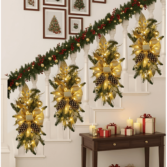 2FT Christmas Swags & Garlands with Lights Cordless Stairway Prelit Stair Swag Christmas Lighted Garland Ornament Outdoor Door Hanging