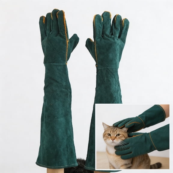 60CM Cowhide Leather Bite-Resistant Gloves, Thickened Anti-Scratch Training Gloves for Dog Handling Cat Claw Protection
