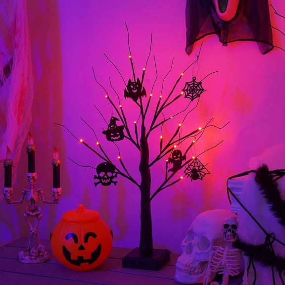60CM LED Halloween Tree with Timer Halloween Decoration Holiday Party Supplies Desktop Christmas Tree Lights Home Decoration Scene Setting