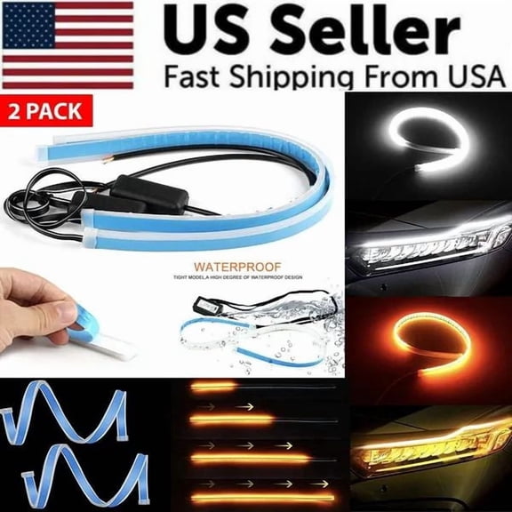 60CM LED Headlight Strip 2pcs, Ultra-Slim Amber Sequential Flowing Turn Signal Lights, Flexible Daytime Running Light Strip for Car Headlight Assembly
