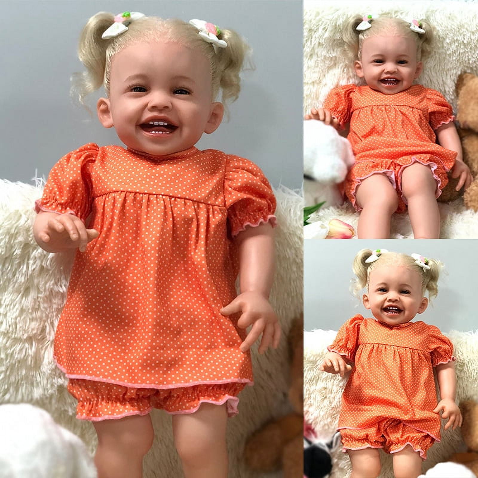 60CM Reborn Doll Smiling Finished Doll Lifelike Realistic Soft Touch Curly Hair Vinyl Painted