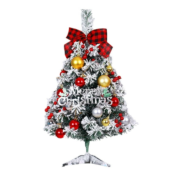 60Cm Flocking Christmas Tree Set With Decorations Desktop Tree With Balls Lights And Bow