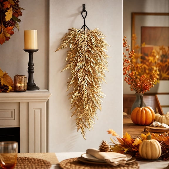60Cm Golden Fern Leaf Teardrop Swag, Artificial Christmas Garland With Red Berries, Front Door Wall Hanging Xmas Porch Decor Gold 60X20Cm