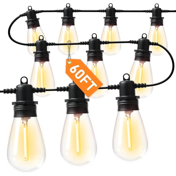 60FT LED Outdoor String Lights with 16+1 Edison Shatterproof IP65 Waterproof Bulbs, 2700K Dimmable Commercial Grade Patio for Garden, Porch, Deck Decor