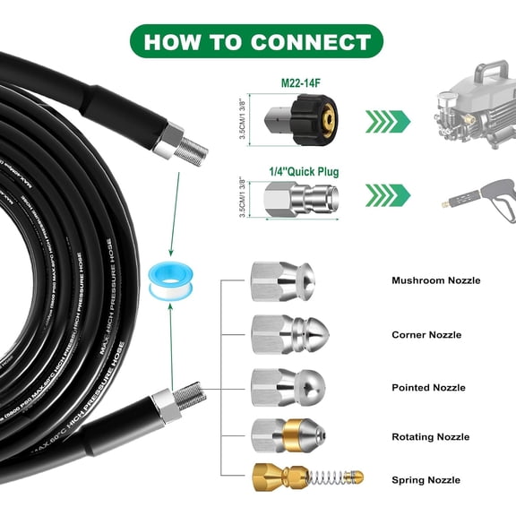 60FT Sewer Jetter Kit for Pressure Washer, 5800PSI Drain Cleaner Hose 1/4 Inch NPT Corner, Rotating Button and Spray Sewer Jetting Nozzle, Water  Drain Cleaner Spanner Tape  Corsage Pin