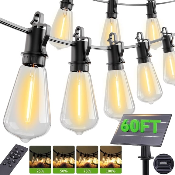 60FT Solar String Lights Outdoor Waterproof with Remote,Shatterproof ST38 20 LED Bulbs,2700K Dimmable Outdoor,Outside Hanging for Patio,Garden,Camping,Deck,Backyard Decor