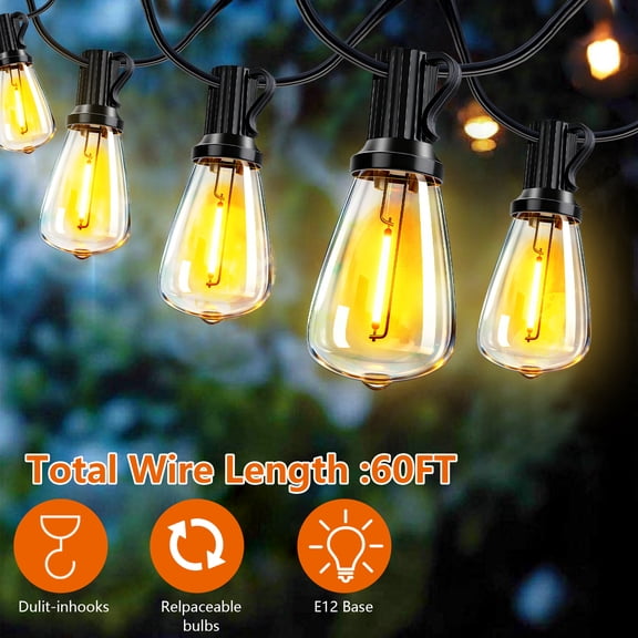 60FT Solar String Lights Waterproof Outdoor, Patio Lights with Remote & USB Port, 15 LED Shatterproof Bulbs Dimmable 3 Modes for Camping Backyard Garden