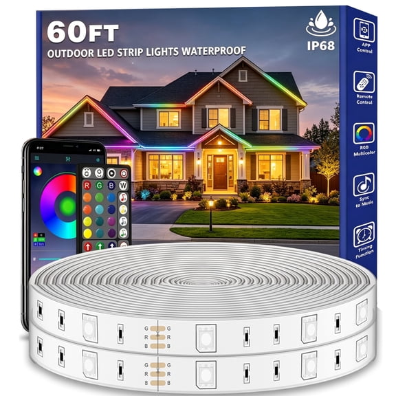 60Ft Outdoor Waterproof LED Strip Lights,Music Sync RGB IP65 Led Lights with App Control and Remote,Color Changing Waterproof Led Rope Lights for Outdoor,Balcony,Roof,Garden,Stairs Party