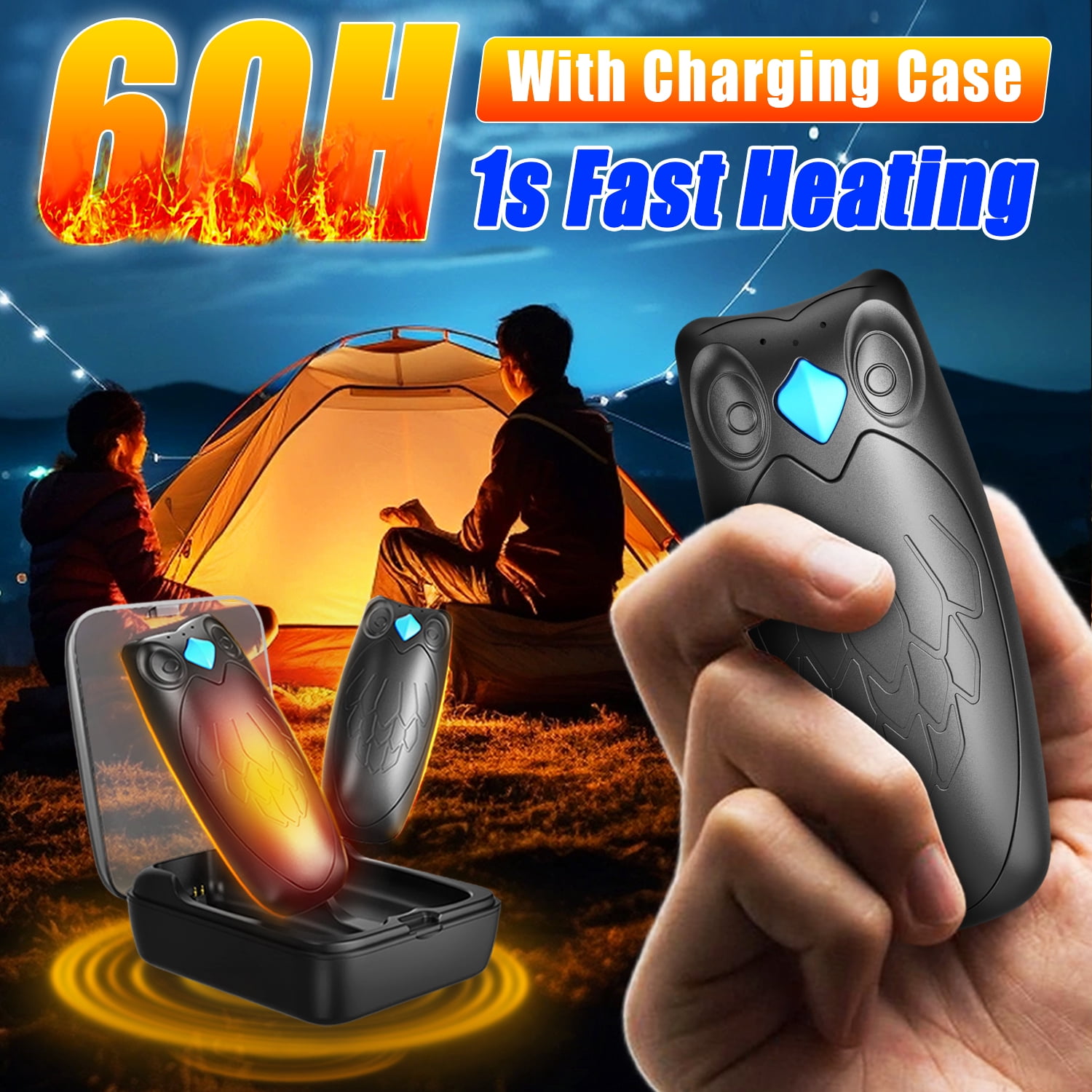 60Hrs heat  rechargeable hand warmers & case! 1s instant warmth, 3 settings, & magnetic design. Ideal for hiking, skiing