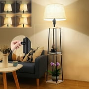 60IN Dimmable (Brightness Adjustable) Floor Lamp with Shelves, 3-Tier Corner Display Standing Lamp with E26 Bulbs, Black Pole End Table with Linen lampshade for Living Room, Bedroom, Office