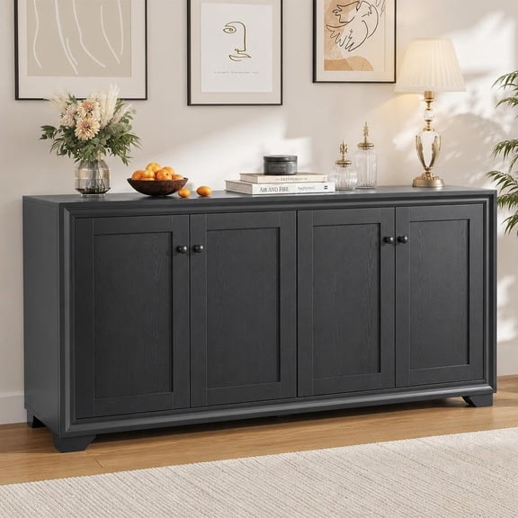 60In Farmhouse Buffet Cabinet with Storage 4 Doors Adjustable Shelves and Coffee Bar Console Black