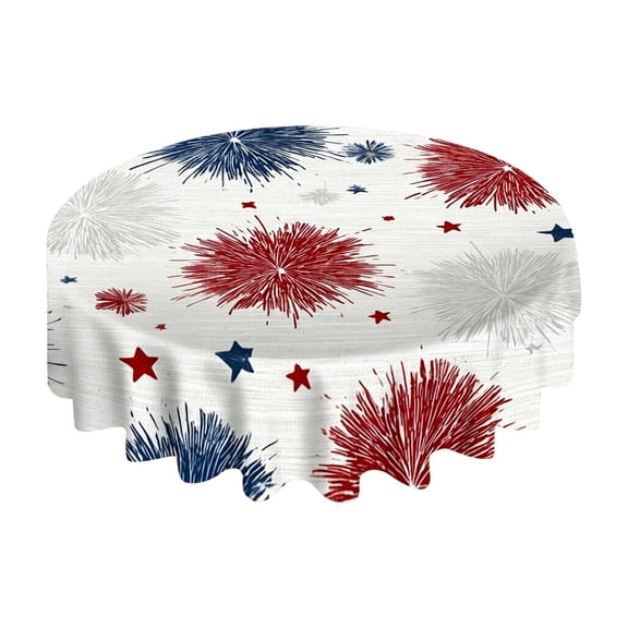 60Inch Circular Polyester Independence Day Tablecloth Red White Blue Patriotic Heart Print Reusable Cloth for Veterans Day Outdoor Picnic Party Decor