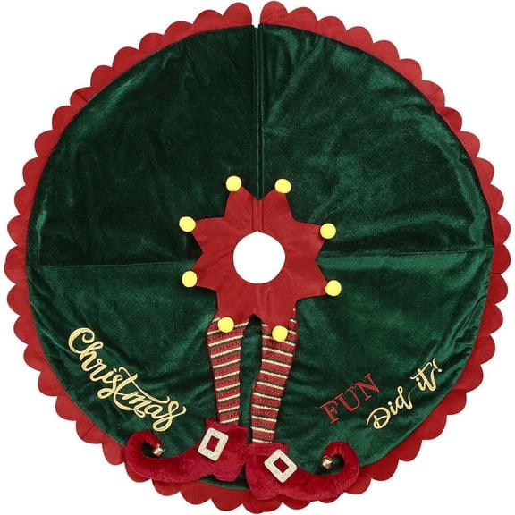 60Inch Elf Themed Christmas Tree Skirt with Velvet Fabric & Scalloped Edge - Christmas Decoration, Fun "Christmas Fun Did It" Design for Home & Party