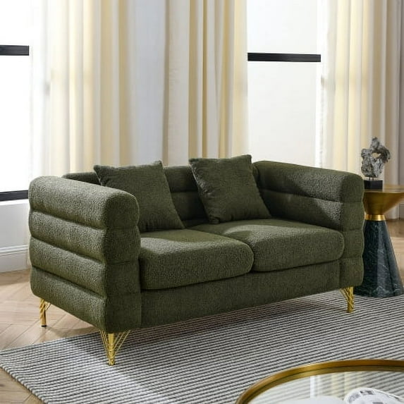 60Inch Oversized 2 Seater Sectional Sofa, Living Room Comfort Fabric Sectional Sofa-Deep Seating Sectional Sofa, Soft Sitting with 2 Pillows for Living Room, Bedroom, Office, Green teddy