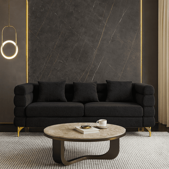 60Inch Oversized 2 Seater Sectional Sofa, Living Room Comfort Fabric Sectional Sofa-Deep Seating Sectional Sofa, Soft Sitting with 2 Pillows for Living Room, Bedroom, Office, Black teddy