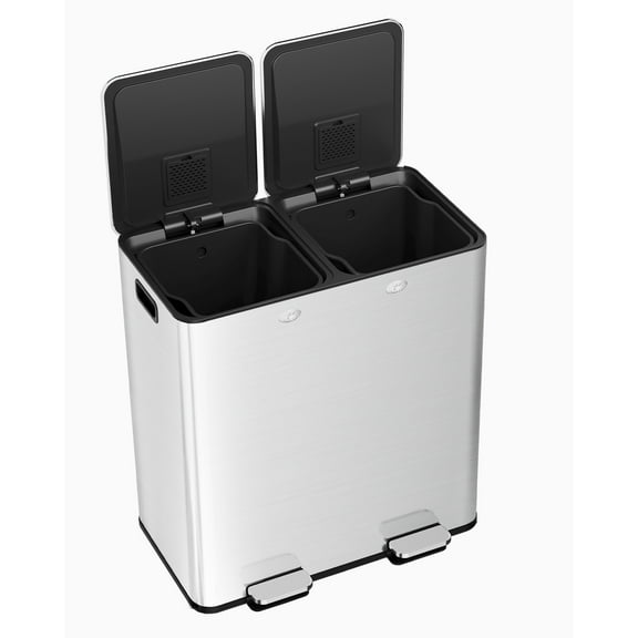 60L/16 Gal Kitchen Trash Can - 2×8 Gal Pedal Trash Bin with Removable Baskets Step-on Garbage Bin with Soft-Close Lid Stainless Steel Garbage Can for Kitchen Office Restaurant School Hospital