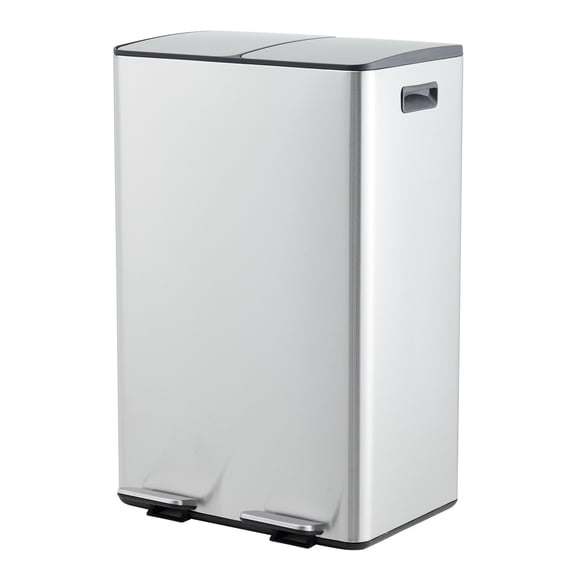 60L Dual Compartment Stainless Steel Trash & Recycling Bin - 2 x 8 Gallon Capacity - Soft Close Lid - Foot Pedal - Removable Plastic Buckets - Odor-Proof - Easy Clean - Silver