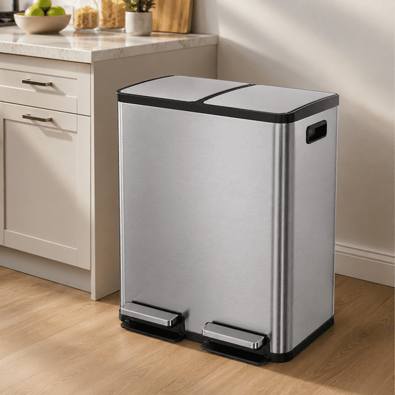 60L Dual Compartment Trash Can with Lid, Stainless Steel Sealed Garbage Bin, Soft-Close Pedal Operation for Kitchen, Office, Home