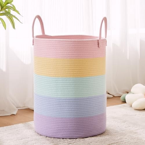 60L Hamper Laundry Basket for Baby Girls Kids Rainbow Nursery Hamper for Clothes Pastel Unicorn Woven Rope Blanket Basket for Toy in Playroom Bedroom 15Dx20H inches Large