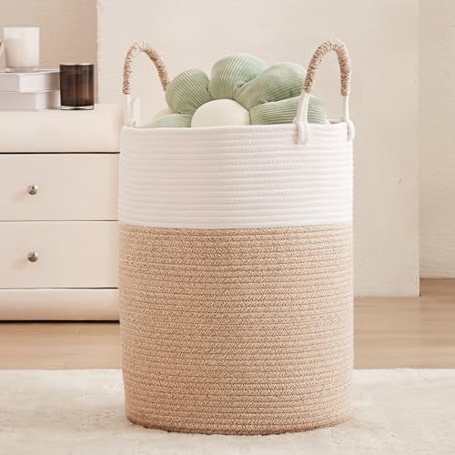 60L Hamper Laundry Basket Tall Woven Clothes Hamper for Baby Girls Nursery Kids Cotton Rope Blanket Basket in Living Room Bathroom Bedroom Brown 15Dx20H inches Large