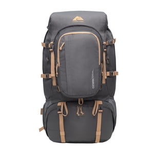 Mochila de senderismo Ozark Trail para adulto de 60L en poliéster 420D hexágono/600D con múltiples bolsillos, tostado y gris