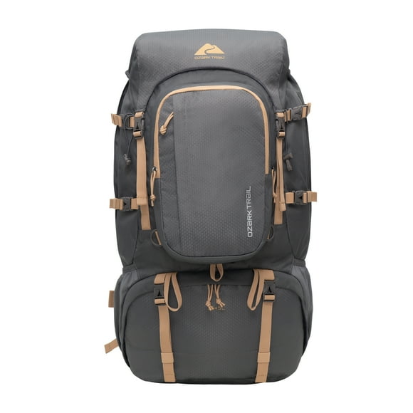 Ozark Trail 60L Adult 420D Hexagon/600D Polyester Hiking Backpack with Multiple Pockets, Tan and Gray