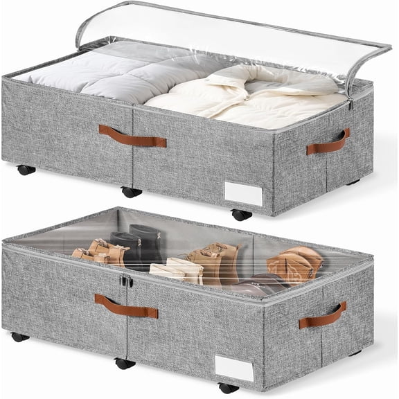 60L Large Under Bed Storage with Wheels Pack of 2, Underbed Shoe Container Bin with Clear Lid Cover, 10.5 Inches Rolling Under Bed Drawer Storage Bag Basket for Boots Quilt Sweater - Grey