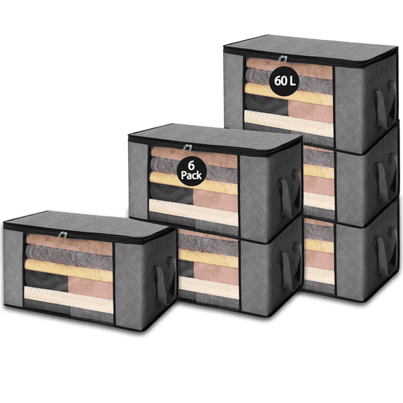 60L Large Storage Bags, 6-Pack Foldable Closet Storage Containers with Handles, Non-Woven Fabric Clothing Organizer for Blankets, Comforters, Bedding & Pillows, Grey