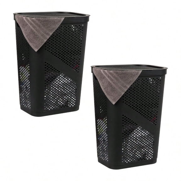 60L Slim Laundry Hamper Clothes Basket Lid Ventilated Plastic Set Of 2 Black