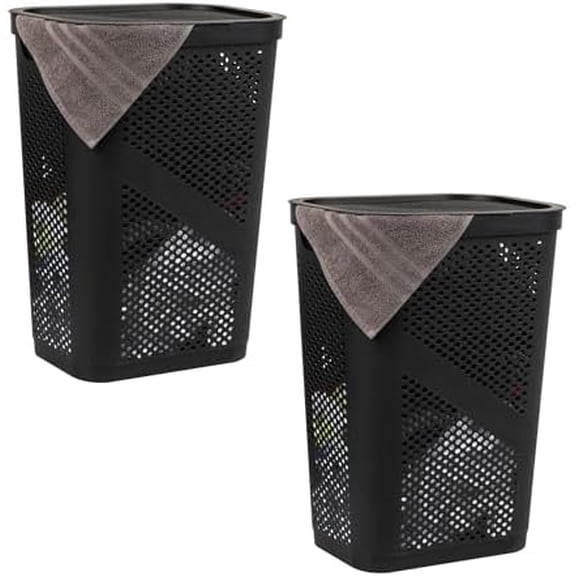 60L Slim Laundry Hamper, Clothes Basket, Lid, Ventilated, Plastic, Set of 2, Black