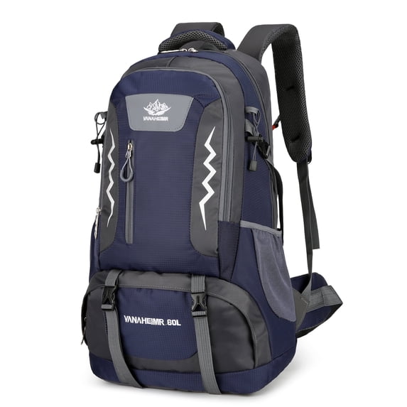 60L Waterproof & Durable Hiking Backpack Multi-Pocket Travel Shoulder Bag for Camping Lounging Trekking with Reflective Strips & Whistle (Blue)