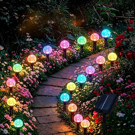 60LED Solar Garden Lights, Solar Lights Outdoor Decorative, Solar Globe Lights Outdoor Waterproof for Yard and Garden, Multi-Color Changing Cracked Glass Ball LED Lights