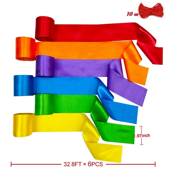 60M Rainbow Satin Ribbon 50mm Wide Ribbons Hanging Streamer for Gift Party 6 PCS
