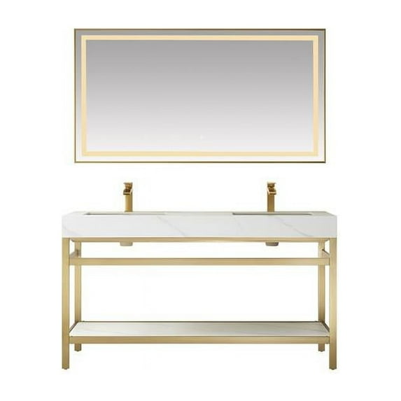 60M in. Funes Double Sink Bathroom Vanity, Brushed Gold Metal Support with White Sintered Stone Top & Mirror