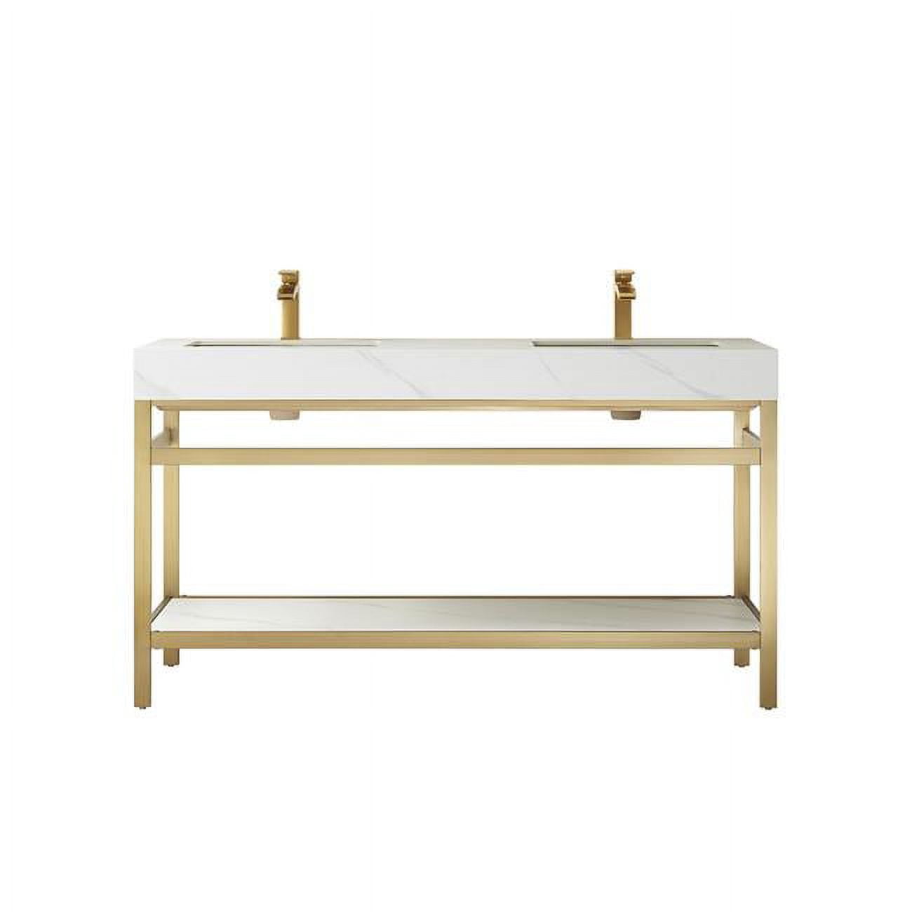 60M in. Funes Double Sink Bathroom Vanity, Brushed Gold Metal Support with White Sintered Stone ...