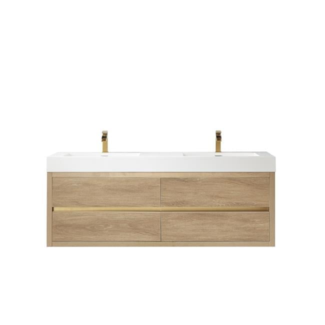 Palencia 60" Oak Double Sink Wall-Mount Vanity with White Top
