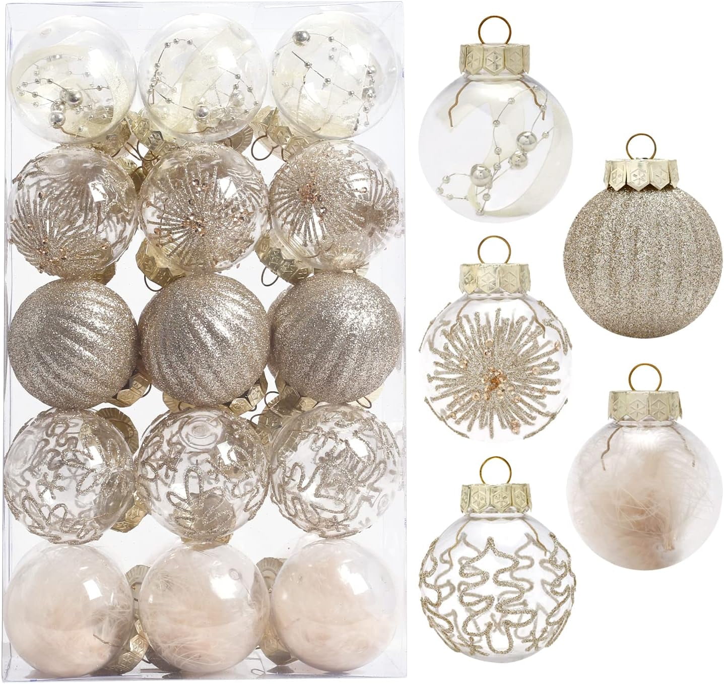 Champagne Gold and Clear Shatterproof Christmas Ball Ornaments Set